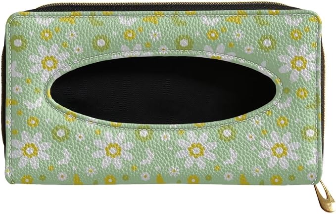 Daisy Print Napkin Holder PU Leather Car Tissue Holder Universal Car Interior Accessories for Trucks SUV Sedans Green