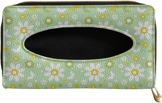 Daisy Print Napkin Holder PU Leather Car Tissue Holder Universal Car Interior Accessories for Trucks SUV Sedans Green