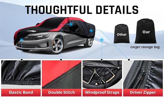 Camaro Car Cover Waterproof All Weather with Red Strip Design, Custom Fit for Chevy Camaro 2010-2026, Accessory with Door Zipper & Windproof Straps