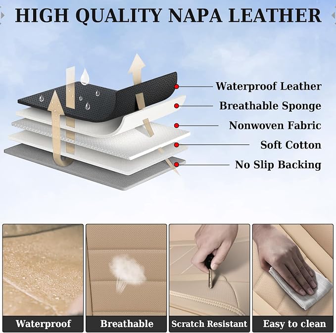 Coverado Front and Back Seat Covers for Cars, Nappa Leather Car Seat Covers, Automotive Seat Covers for Trucks, 5 Seats Waterproof Carseat Protector Car Seat Cover Beige, Universal Fit for Most Cars