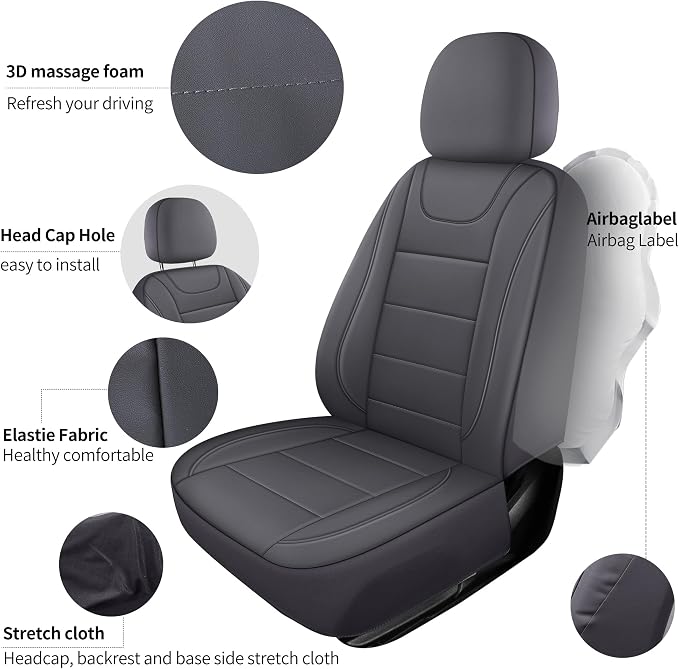 HChengkikz Front Car Seat Cover, Waterproof Faux Leather (Gray) | Car Seat Protectors, Quilting, Easy to install, Airbag Compatible, Universal Fit for Most Suvs, Trucks, SUVs
