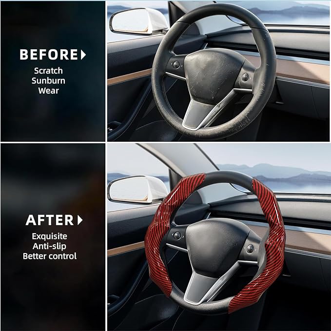 Carbon Fiber Steering Wheel Cover 2PCS Segmented Clip-on Protector (Red) | Universal Fit, Anti-Slip Lining, Sporty Style, Car Interior Accessory for Men and Women