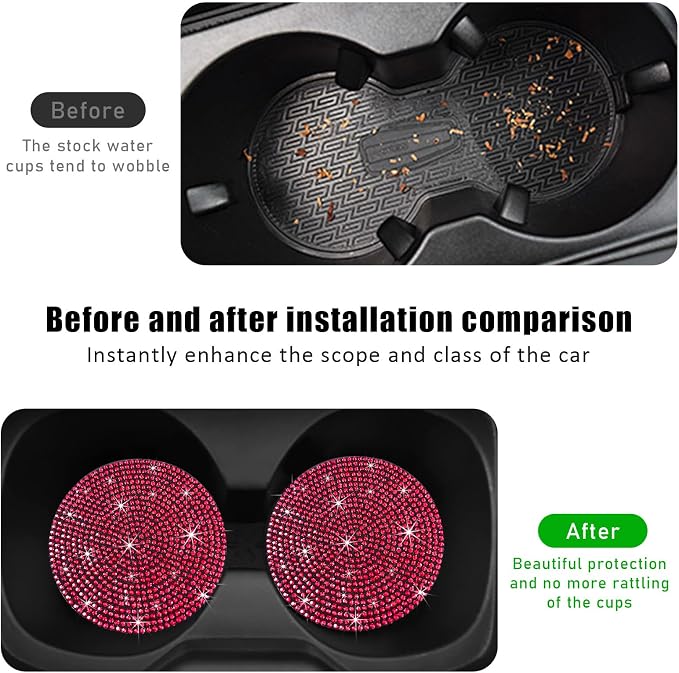 Ziciner 2PCS Bling Car Cup Holder Coaster, 2.73 Inch Anti-Slip Cup Insert Coasters, Crystal Rhinestone Auto Drink Cup Mat, Universal Interior Decor Car Accessories for Women Girls (Red)
