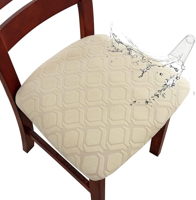 Genina Waterproof Seat Covers for Dining Room Chairs, Stretch Chair Covers Removable Washable Dinning Room Kitchen Chair Seat Cushion Slipcovers (Jacquard-Beige, 6 PCS)