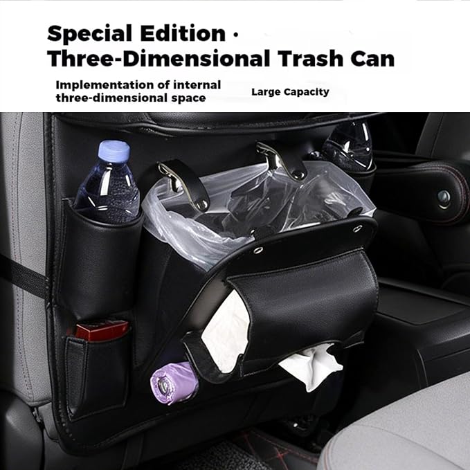 Backseat Car Organizer with Tray, 2 Pack Leather Seat Storage, Black | Foldable Tray Table,Tablet Holder,Trash Can Pocket,Kick Mat Protector,Easy-Clean Leather,2 Pack for Front Seats