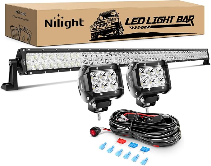 Nilight - ZH023 52Inch Spot Flood Combo Led Light Bar 2PCS 4Inch 18W Spot LED Fog Lights With Off Road Wiring Harness- 3 Leads, 2 Years Warranty