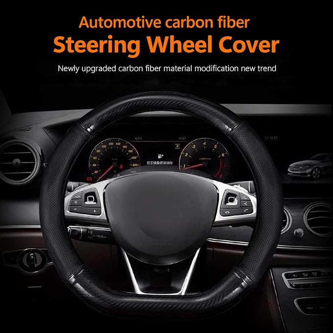 QODOLSI 1 Pack Car Breathable Steering Wheel Cover, Wear -Resistant Steering Wheel Sleeve, Carbon Fiber Non-Slip Steering Wheel Protector, Four Seasons Universal Steering Wheel Set (Black #D -Shaped)