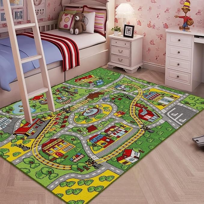 Booooom Jackson Kids Train and City Rug, 52" x 75" Non-Slip Play Mat | Non-Slip Washable Play Mat, OEKO-TEX Certified Safe, Train & City Design, Great Gift for Toddlers, Classroom & Playroom Use