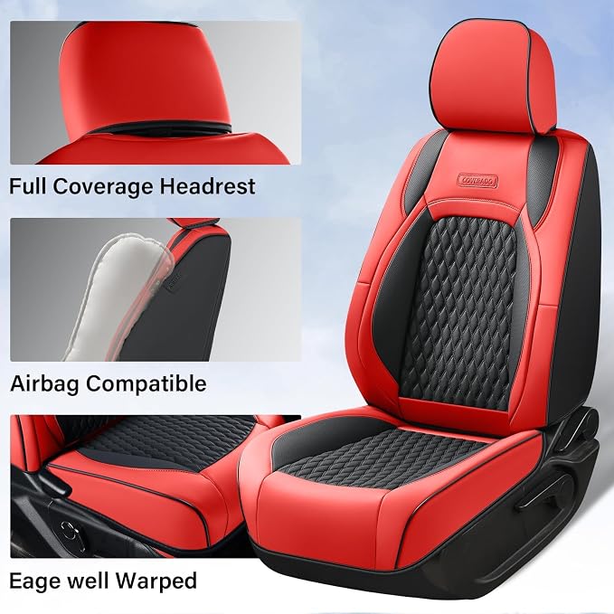 Coverado Chevy Chevrolet Silverado GMC Sierra Seat Covers Full Set, Fit for 2007-2013 & 2019-2026 1500, 2020-2026 2500HD 3500HD Crew Double Extended Cab, Faux Waterproof Leather Seat Covers (Red)