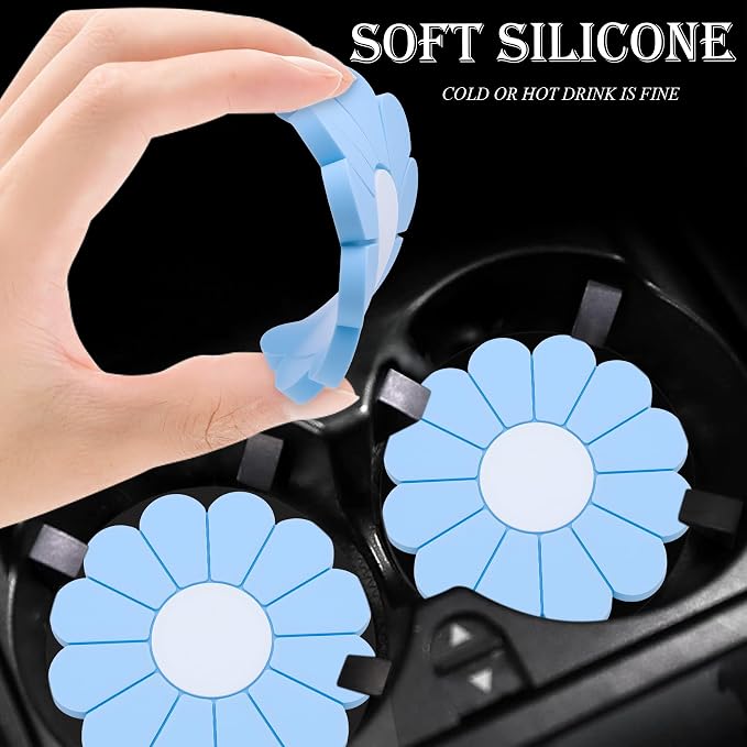 4-Pack Car Cup Holder Coaster Inserts, Daisy Shape, 2.75 Inch Non-Slip Silicone Cup Holder Insert, Universal Non-Slip Cup Holders, Car Accessories Interior for Women and Man (Light Blue)