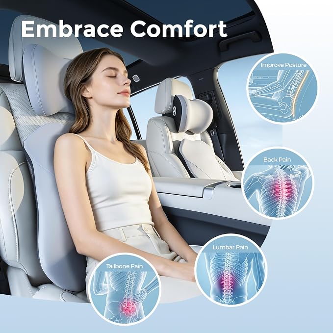 BABUR Lumbar Support Pillow for Car, Back Cushion Support for Driving Seat | Ergonomic 100% Memory Foam, Back Pain Relief, Comfort Lower Back Support for Office Chairs, Car Seat, Wheelchair