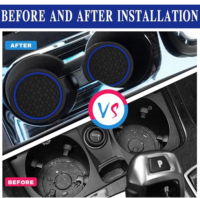 Car Cup Holder Coasters, Dustproof Automotive Interior Accessories Mat,2.75 Inch Non-Slip Insert Water Bottle Holder Pads, Universal for Vehicles, Trucks, RVs and More (Black/Blue, 4PCS)