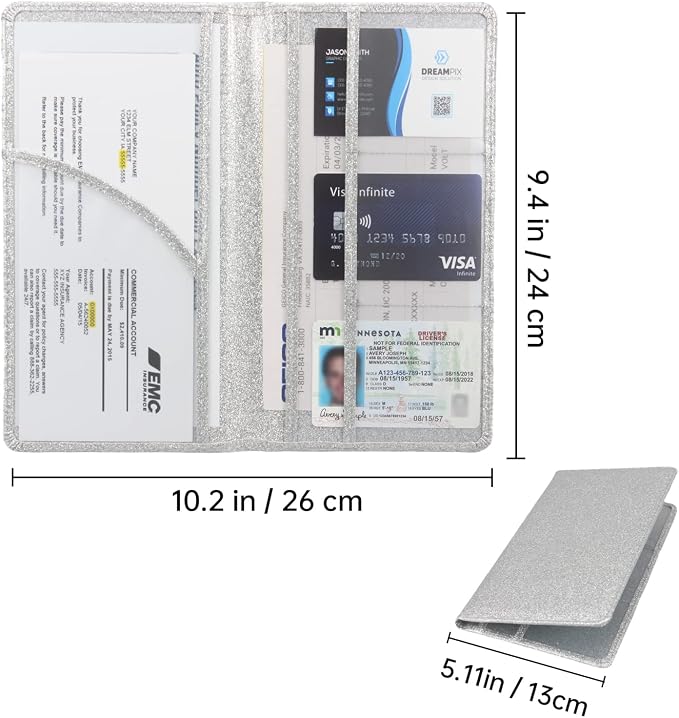 Car Registration and Insurance Holder, Bling Premium Pu Leather Vehicle Glove Box Organizer, Prefect Leather License Registration Holder for Driver License, Cards & Essential Documents (Silver)