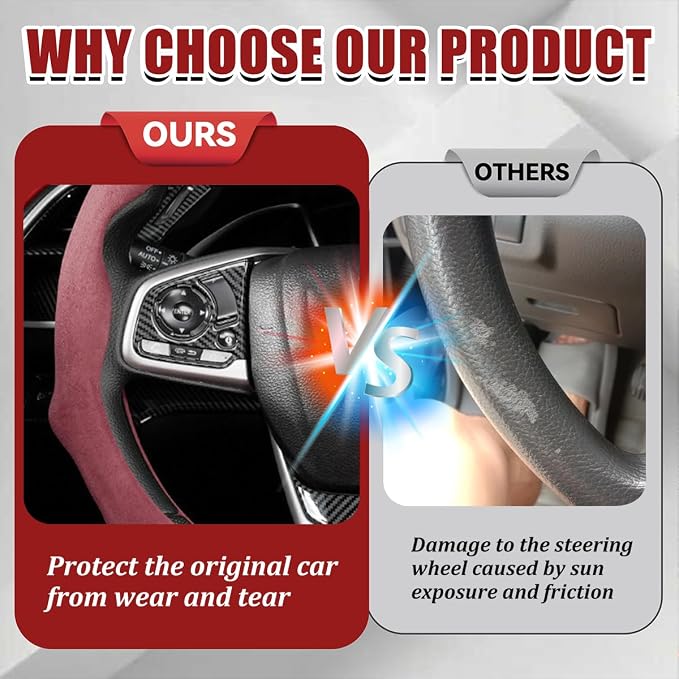 Car Steering Wheel Cover, Soft Brethable Suede Non-Slip Vehicle Steering Wheel Protector, Comfortable Sporty Auto Interior Protection Accessories, Universal for Truck SUV Van (Bordeaux Red)