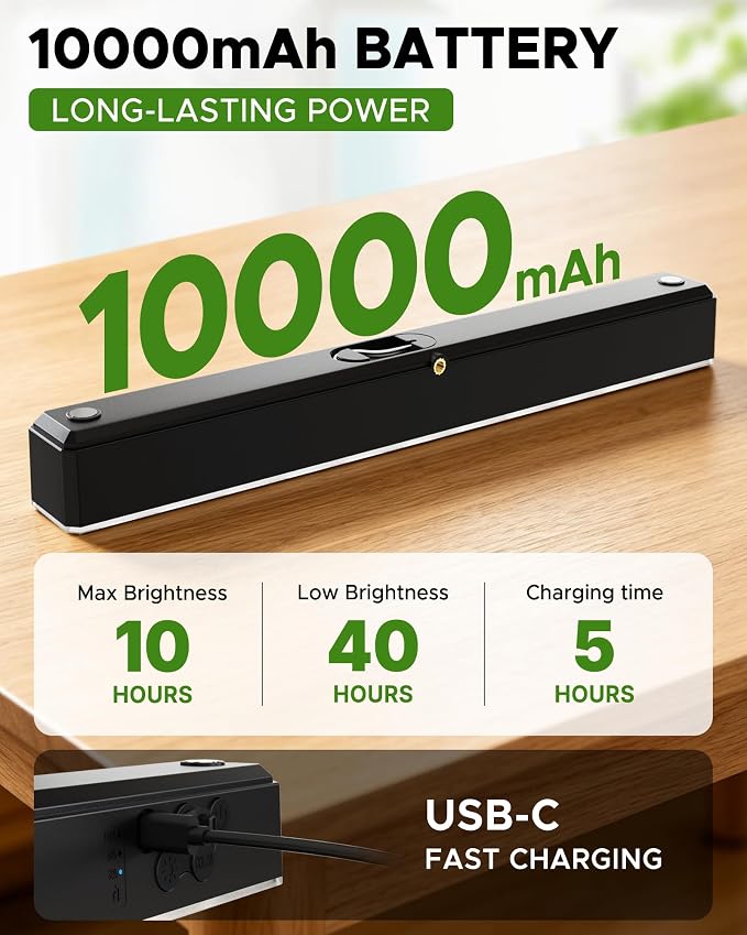 Rechargeable Magnetic Light Bar, 15.8 inch, 1500LM Portable LED Light with 10000mAh Battery, USB-C Charging, Remote Control & Timer, Dimmable & 3 Color Temps, Magnetic Mount, Hook & Battery Display