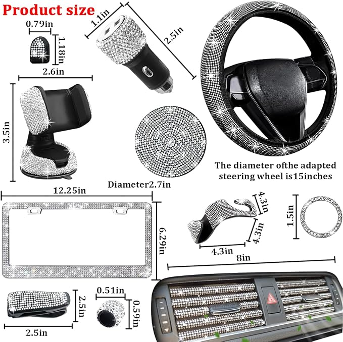 27PCS Bling Car Accessories Set for Women, 14.5-15" Rhinestone Steering Wheel Cover Cup Coaster, USB Charger Phone Holder Headrest Hook, Diamond Auto Interior Decor, Universal Fit (White)