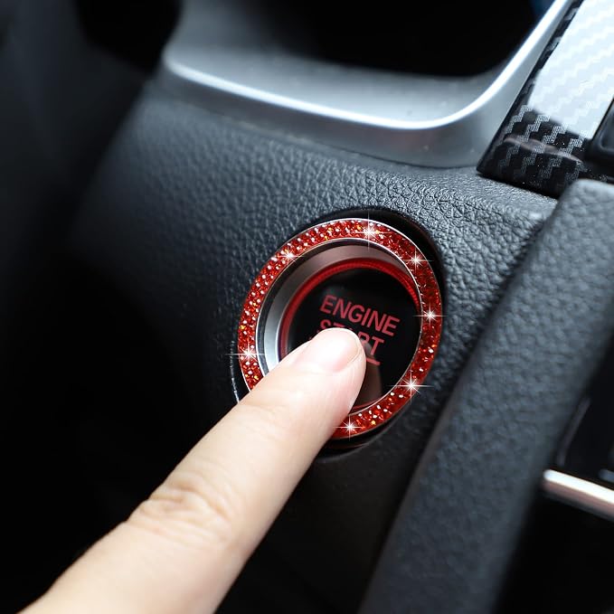 WINKA 2pcs Bling Car Engine Start Button Cover Diamond Crystal Push Start Stop Button Ring Sparkly Bling Ignition Button Cover Rhinestone Keyless Ignition Ring Universal Car Accessories (Navy Orange)