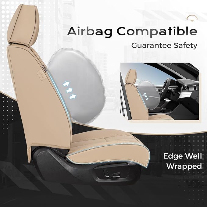 Coverado Car Seat Cover, Cover for Cars Full Seat, Premium Leather, Universal Fit Waterproof Seat Protectors, Car Seat Cushion Non-Slip for Most Cars-Beige