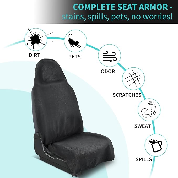 Waterproof 2 Pack Car Seat Towel Cover After Gym(Black,2-Pcs) | Sweatproof Universal Fit Towel Seat Covers Washable Non-Slip Front Towel Bucket Seat Protector