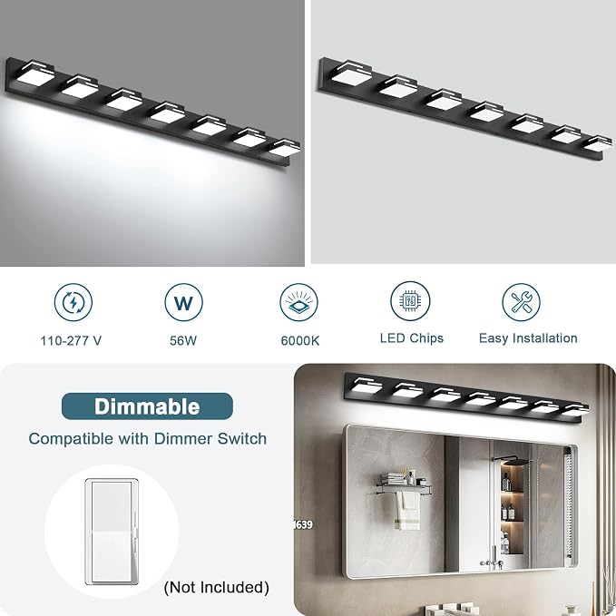 LED Modern Bathroom Vanity Light Fixtures, Dimmable Matte Black Vanity Lights for Bathroom Lighting Fixtures Over Mirror, with 360° Rotatable Acrylic Heads 7-Light 48-inch (Cool White 6000K)