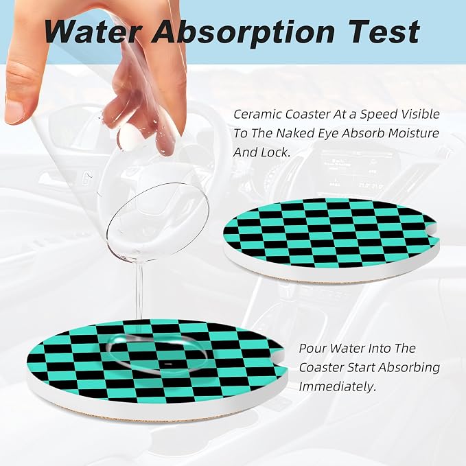 Green and Black Checkered Car Coasters for Cup Holders,2 Pack Car Cup Holder Coasters for Car,Ceramic Absorbent Car Coaster with A Finger Notch and Cork Base,Car Interior Accessories for Women Men