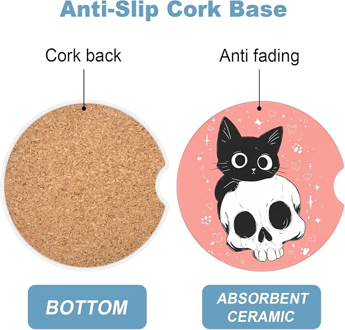 2 Pack Car Cup Holder Coaster, 2.63 inch Anti Slip Insert Absorbent Ceramic Car Coaster with Cork Base and Finger Notch, Cute Car Accessories Interior for Women, Cute Car Coasters.
