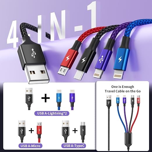 4 in 1 Multi Charging Cable, 2 Pack 5FT Dual IP Charging Cords | USB Cable with IP/IP, USB C & Micro Ports, Nylon Braided Phone Charger for Multiple Devices, Travel & Car Use