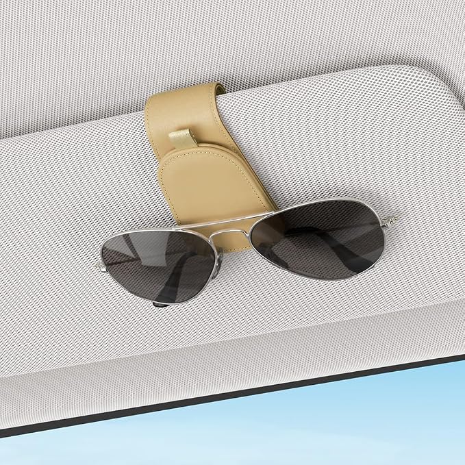 Sotfamily Sunglass Holder for Car Visor, Beige, 2 Packs | Suede Cloth, Magnetic, Organizer for Car Accessories