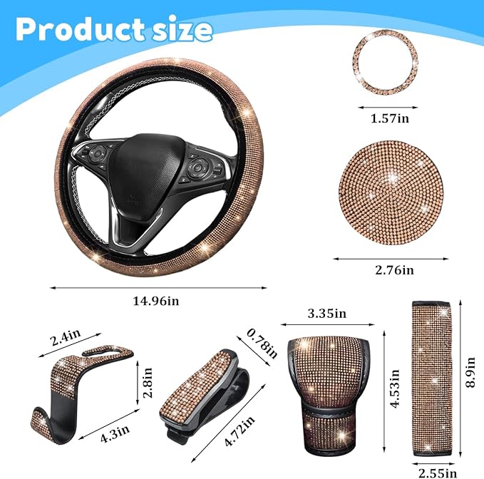 8PCS Bling Car Accessories Set, Sparkly Rhinestone Vehicle Steering Wheel Seat Belt Gear Shift Start Stop Button Cover, Diamond Auto Cup Holder Coaster Decoration, Universal Fit (Champagne)