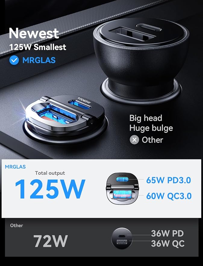 MRGLAS [2-Pack] 125W USB C Car Charger, Mini Metal USB C Car Adapter Fast Charging PD65W & QC60W Dual Port Type C Cigarette Lighter USB Charger for iPhone 17 16 15 14 Pro Max Air iPad Samsung MacBook