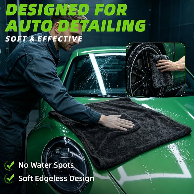 2 Pack Car Drying Towels – Microfiber Towels for Cars (36" x 24"), Ultra-Absorbent, Streak-Free, Scratch-Free, No Water Spots, Double-Twist Pile & Edgeless Design, Green
