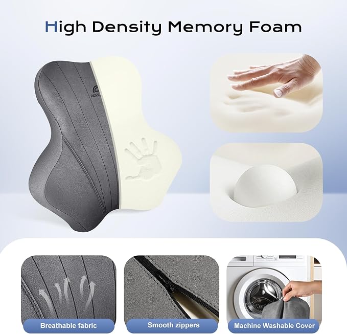 Coverado Car Lumbar Support Pillow and Car Neck Pillow Kit, Ergonomic Design Car Headrest Pillow for Driving, Relax Back Head Muscles Relieve Driving Fatigue, Breathable & Removable Cover