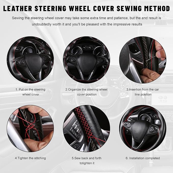 Genuine Leather Steering Wheel Cover, 15 Inch Stitch on Steering Wheel Protector with Needle & Thread, Anti-Slip DIY Sewing Wheels Wrap for Most Vehicles (Beige, Glossy)