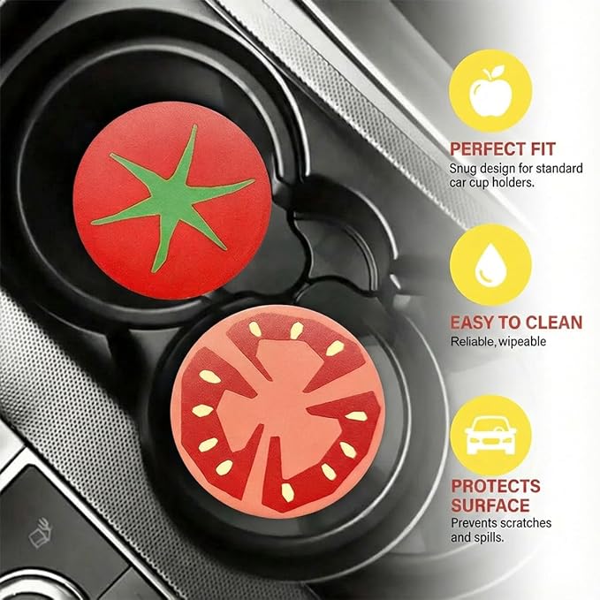 2PCS Fruit Pattern Car Cup Holder Coasters, Cute Automotive Drink Insert Coaster, Universal Non-Slip Vehicle Interior Cup Holder Decoration Accessories for Women Men(Tomato)