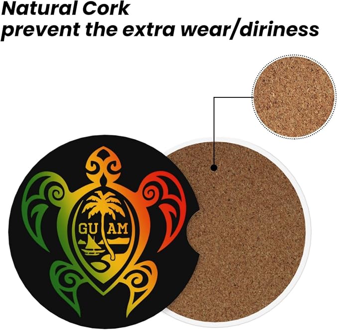 Guam Turtle Palm Trees Absorbent Ceramic Car Coasters 2 Pack Round Insert Cupholder Coaster Car Cup Holder Mat with Finger Notch Anti-Slip Cork Base Reusable Drink Coasters 2.56 in