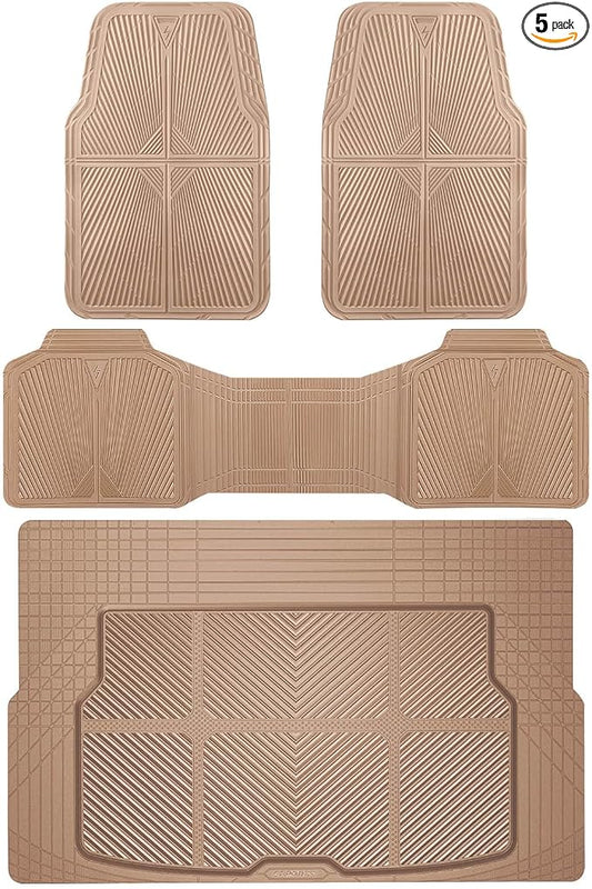CAR PASS Beige Rubber Floor Mats&Cargo Liner,Waterproof Truck Mats Heavy Duty,All Weather Trim-to-Fit Automotive Mat for Car Truck SUV,Anti-Slip Easy Clean Durable,Full Set 5-Piece,3D Emboss All Beige