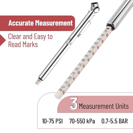 UNCO- Pencil Tire Pressure Gauge, 2 Pack, 10-75 PSI, Stainless Steel Body | Metal Made Nozzle, Rust and Corrosion Resistant, Pencil Air Pressure Gauge for Tires, 3 Measurements for Cars, Bikes