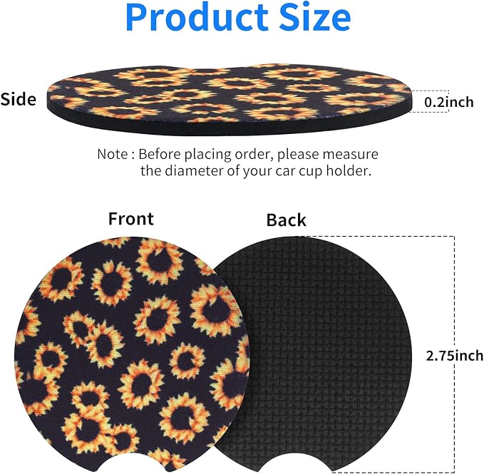 tifanso 2PCS Sunflower Non-Slip Car Cup Holder Coasters for Women | Universal Fit for Standard Cup Holders, Easy to Clean & Remove, Adorable Floral Decor, Ideal Gift for Girls & Car Lovers