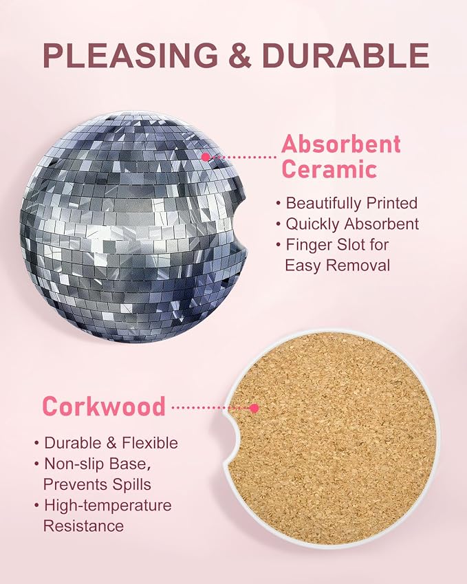 Swooflia 2 Pack Absorbent Ceramic Car Coasters for Women - 2.55 Inch Disco Ball Silver Car Cup Holder Coasters with Cork Base, Funny Car Accessories, New Driver Gifts
