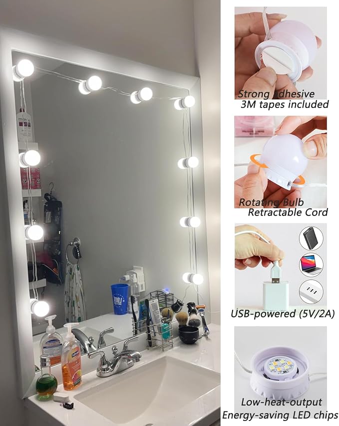 LED Vanity Mirror Lights,Hollywood Style 14 Dimmable Bulbs Stick On for Makeup Dressing Lighting,Adjustable Color Temp & Brightness,USB Cable