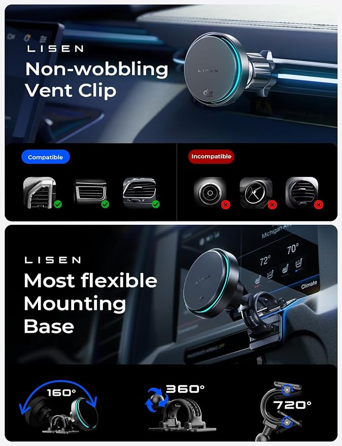 LISEN for Qi2.2 25W for MagSafe Car Mount Charger，[Smart Cooling Fan＆95W Fast Adapter] Magnetic Wireless Car Charger, Phone Holders for Your Car Accessories for iPhone 17 Pro Max Air 16 15 14 13 12 | [Smart Cooling Fan] Magsafe Car Mount Charger, [Qi2 ...