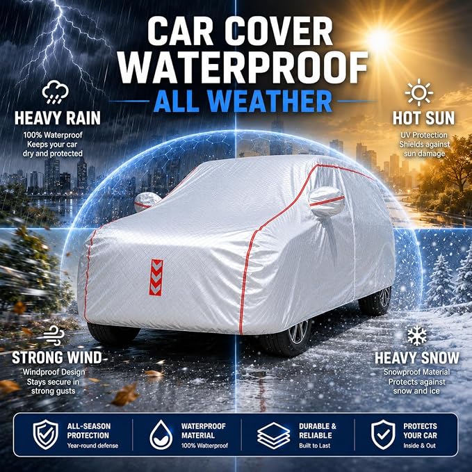 SUV Car Cover, 360° Underbody Wrap Design, All-Weather Waterproof Car Cover, Suitable for SUV Vehicle Body Length 182 to190 in