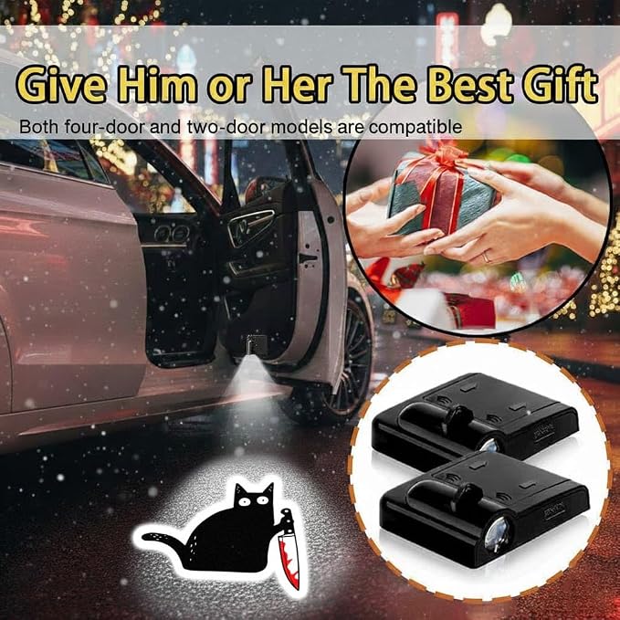 2PCS Cat Car Door Lights Projector,Wireless LED Welcome Puddle Lights,Magnetic Logo Projector Door Light Decor Car Accessories Cat Gifts for Women Men,Suitable for All Vehicles Motorcycle
