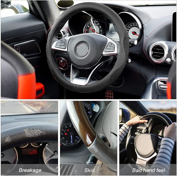 Car Steering Wheel Cover, Microfiber Breathable Ice Silk Leather Steering Wheel Cover Soft Anti-Slip Safety, 15inch Four Season Universal Fits for Most Truck,SUV,Cars (Black Ice Silk)