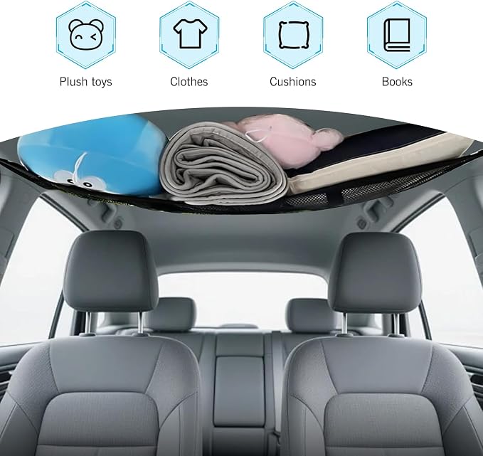 Car Ceiling Cargo Net, Double Layer Mesh Overhead Storage Organizer with Adjustable Straps, 20.87" x 31.5" Roof Storage Pocket for Camping Road Trips, Universal for Most Cars, SUVs (Black)