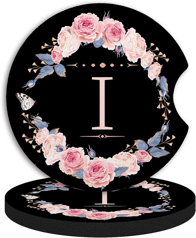 2pcs Letter I Car Coasters,Absorbent Universal neoprener Cup Holder Coasters with a Finger Notch,Car Accessories for Women&Man Interior，2.75"