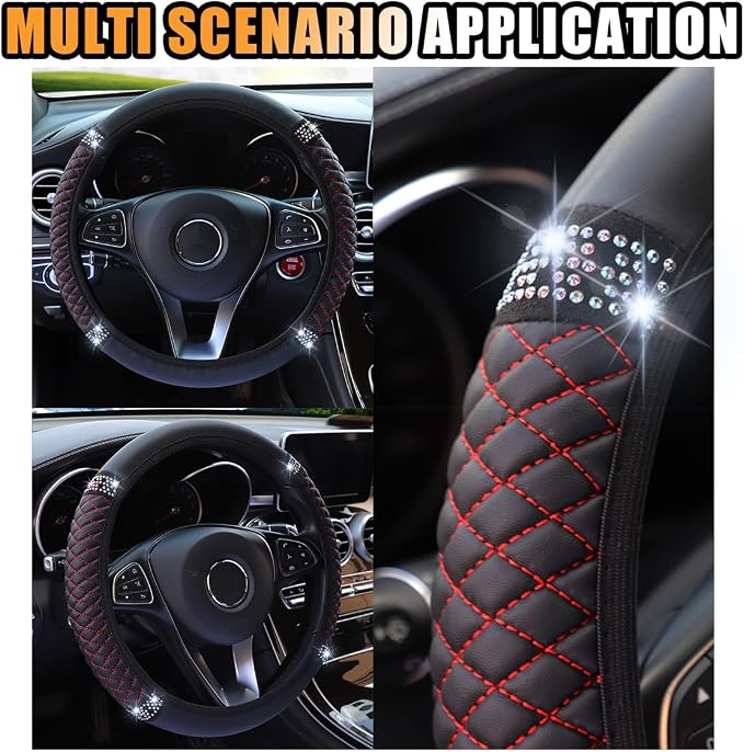 JOYCOURT 15 Inch Bling Soft Leather Car Steering Wheel Cover, Black Red | Colorful Rhinestones Design, Auto Elastic Protector for Women Girls, Crystal Diamond Car Accessories for Most Cars, SUVs