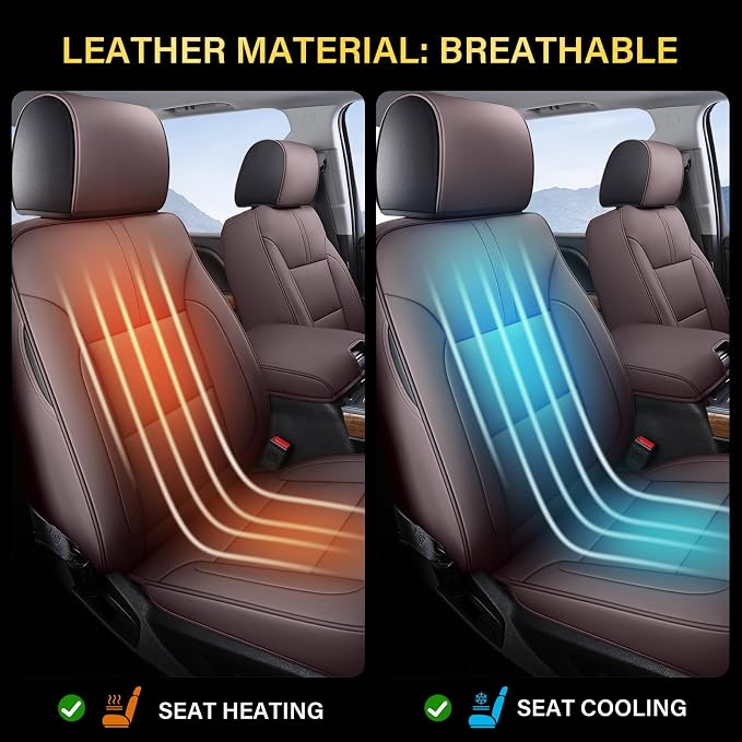 Coverado Chevy Silverado Seat Covers, Leather Car Seat Covers Custom Fit for Chevy Silverado GMC Sierra 2014-2018 1500, 2015-2019 2500HD 3500HD (Full Set, Brown)