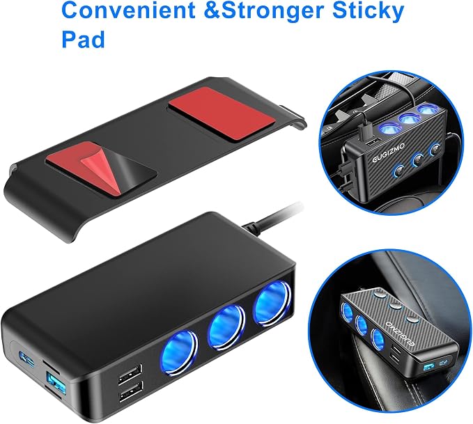 EUGIZMO 8 in 1 Cigarette Lighter Adapter,3 Socket Car Charger Plug Splitter | 12V/24V PLug in Outlet with Voltage Visible Independent Switches 2 PD30W & 3 USB-A Ports Fast-Charge Phones and Dash Cams