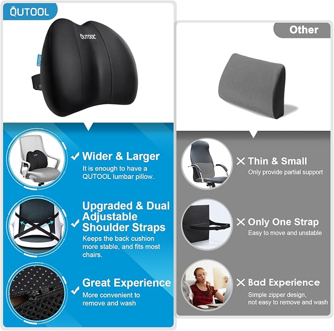 QUTOOL Lumbar Support Pillow for Office Chair, Office Home Essentials,Gifts for Mom,Dad, Back Support Pillow for Car, Chair Cushions,Back Pain Relief Improve Posture,Mesh Cover Adjustable Straps